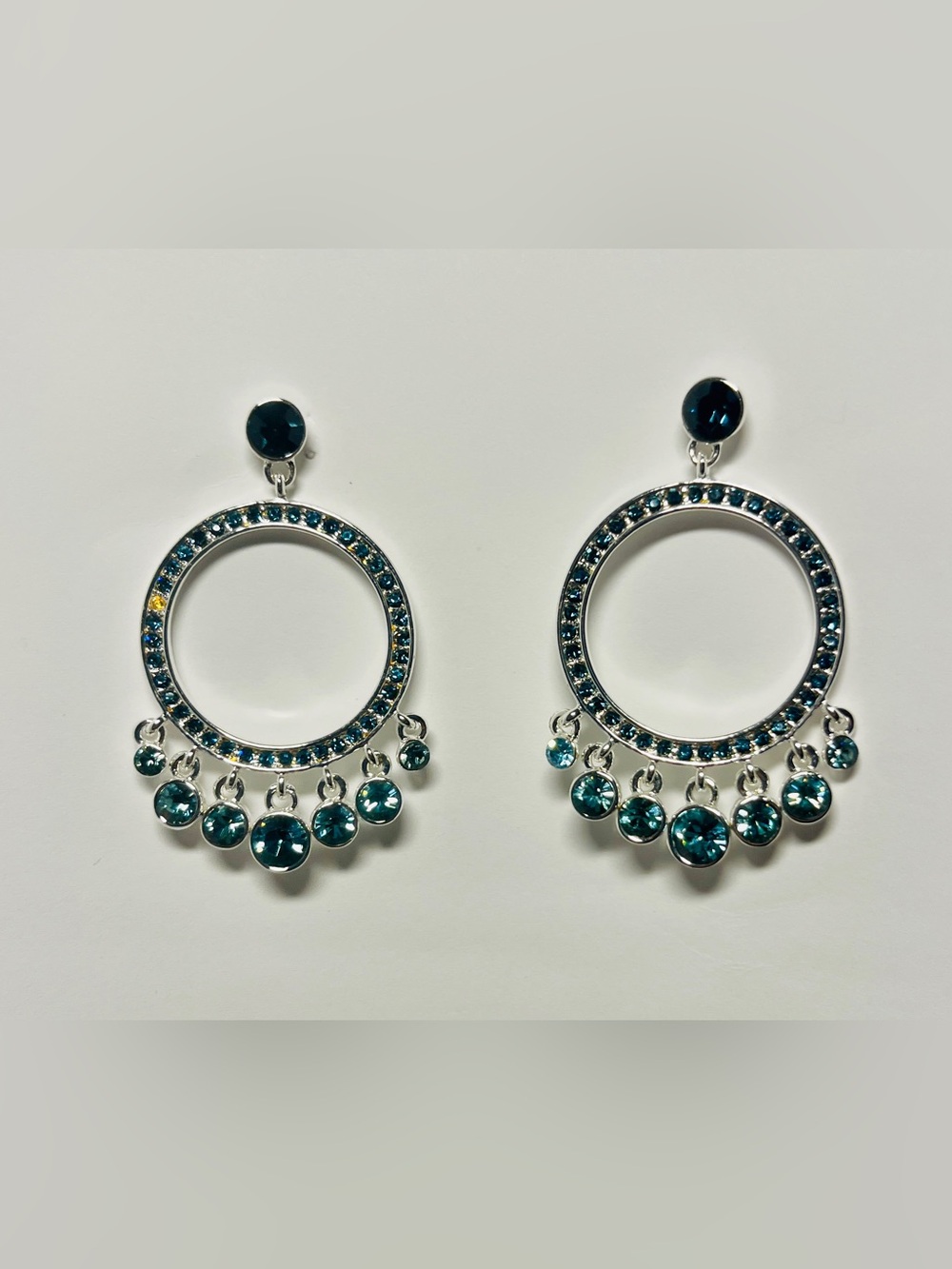 Silver Hoop Drop Earrings with Teal Blue Crystal Accents